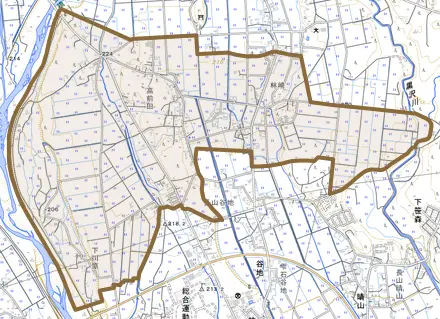 長山松木とその周辺の地図。町の範囲を重ねている