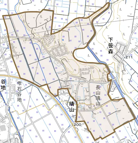 長山赤坂とその周辺の地図。町の範囲を重ねている