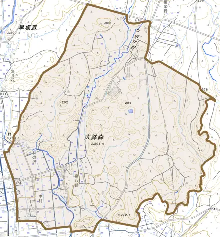 長山林ノ沢とその周辺の地図。町の範囲を重ねている