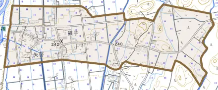 長山梍とその周辺の地図。町の範囲を重ねている