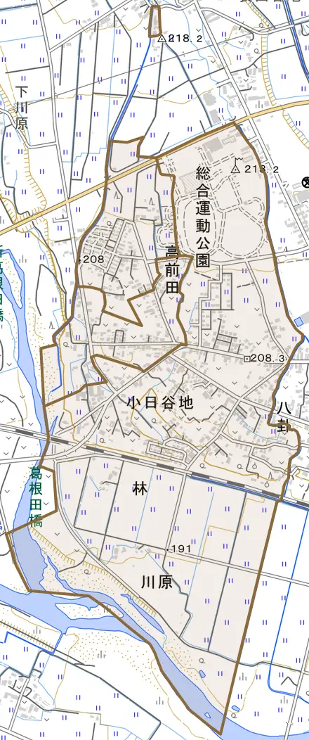 高前田とその周辺の地図。町の範囲を重ねている