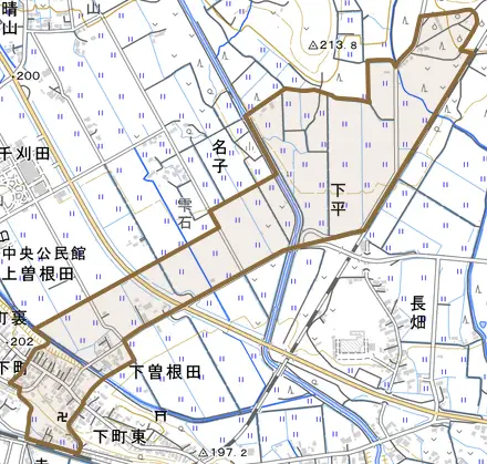 寺の下とその周辺の地図。町の範囲を重ねている