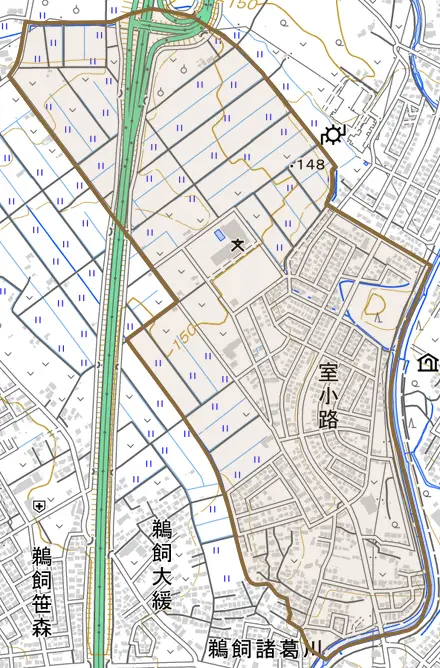 室小路とその周辺の地図。町の範囲を重ねている