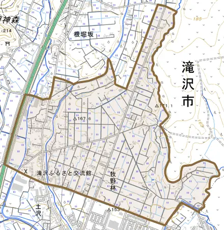 中村とその周辺の地図。町の範囲を重ねている