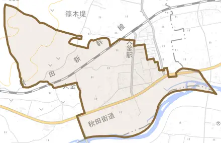 大釜釜口とその周辺の地図。町の範囲を重ねている