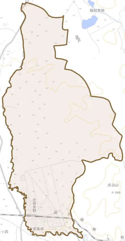 大釜大清水とその周辺の地図。町の範囲を重ねている
