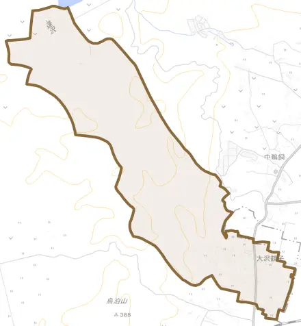 大沢割田とその周辺の地図。町の範囲を重ねている