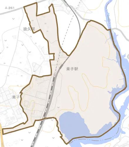 妻の神とその周辺の地図。町の範囲を重ねている