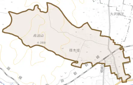 篠木樋の口とその周辺の地図。町の範囲を重ねている