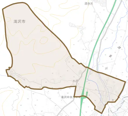外山とその周辺の地図。町の範囲を重ねている