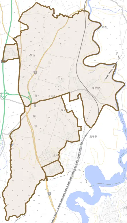 巣子とその周辺の地図。町の範囲を重ねている