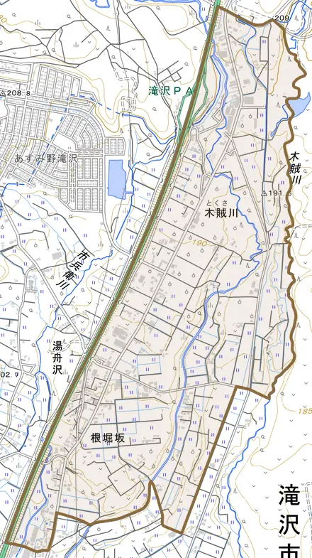 木賊川とその周辺の地図。町の範囲を重ねている