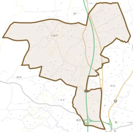 留が森とその周辺の地図。町の範囲を重ねている