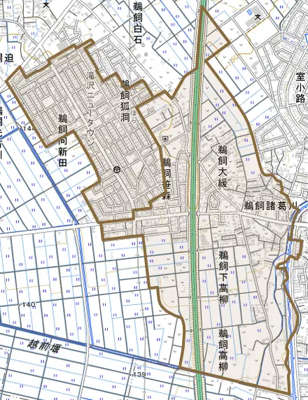 鵜飼狐洞とその周辺の地図。町の範囲を重ねている