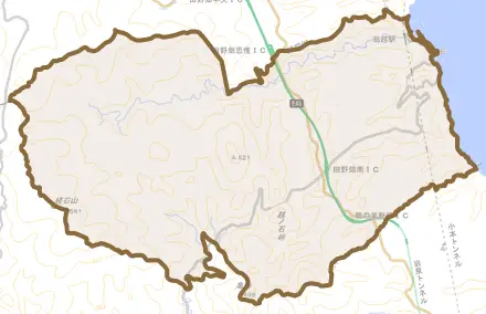 室場とその周辺の地図。町の範囲を重ねている