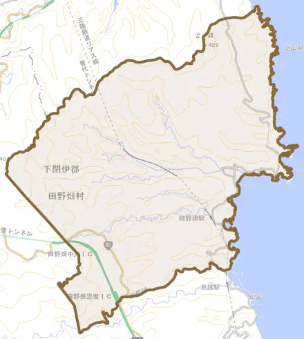 田野畑とその周辺の地図。町の範囲を重ねている