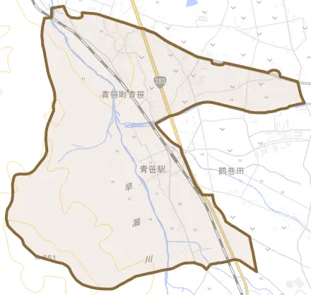 青笹町青笹とその周辺の地図。町の範囲を重ねている