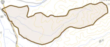 青笹町中沢とその周辺の地図。町の範囲を重ねている