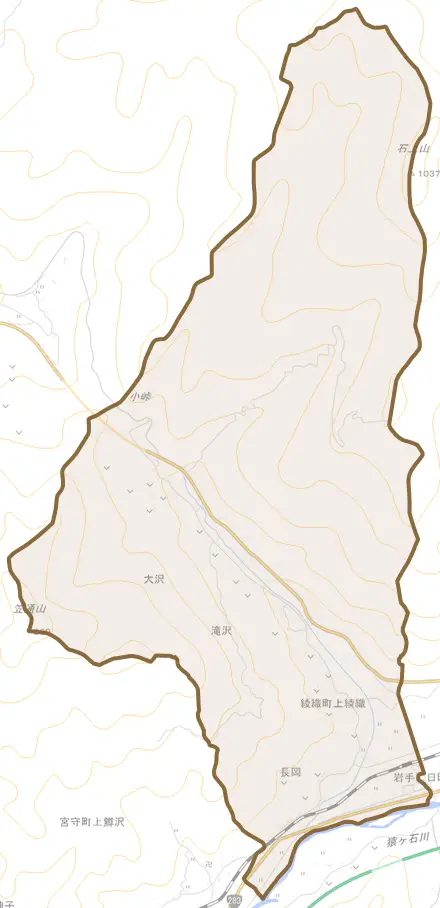 綾織町上綾織とその周辺の地図。町の範囲を重ねている