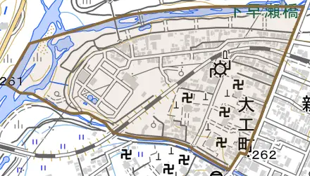 大工町とその周辺の地図。町の範囲を重ねている