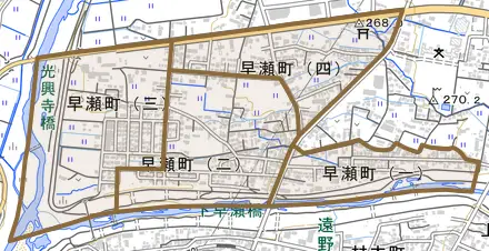 早瀬町とその周辺の地図。町の範囲を重ねている