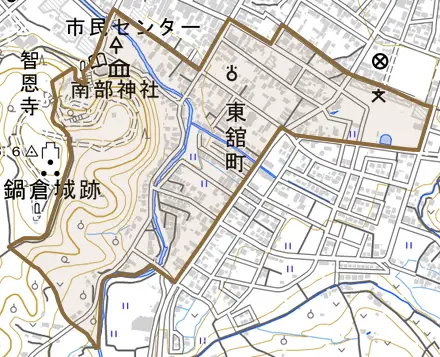 東舘町とその周辺の地図。町の範囲を重ねている