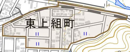 東上組町とその周辺の地図。町の範囲を重ねている