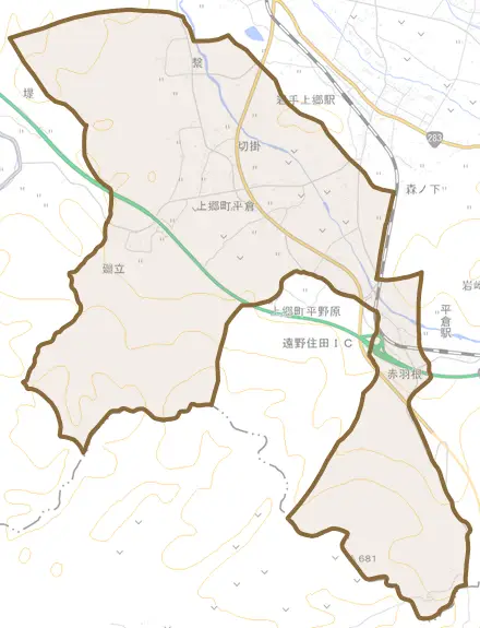 上郷町平倉とその周辺の地図。町の範囲を重ねている