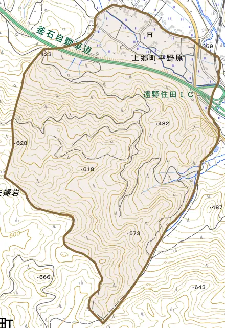 上郷町平野原とその周辺の地図。町の範囲を重ねている