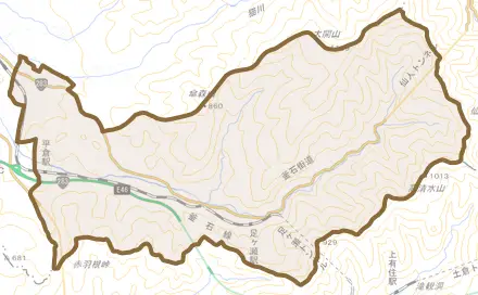 上郷町細越とその周辺の地図。町の範囲を重ねている