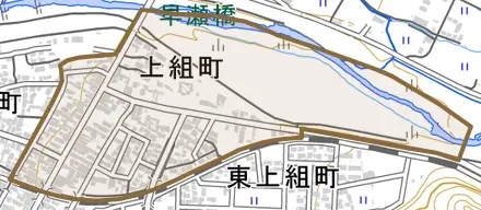上組町とその周辺の地図。町の範囲を重ねている