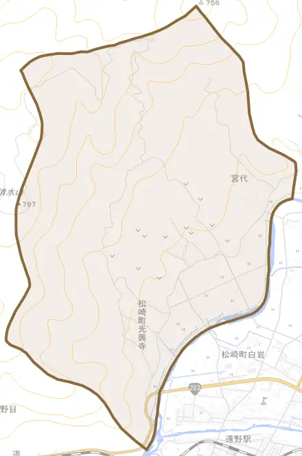 松崎町光興寺とその周辺の地図。町の範囲を重ねている