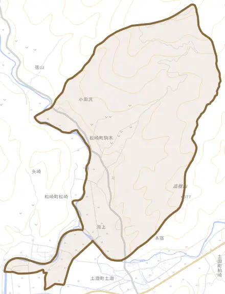 松崎町駒木とその周辺の地図。町の範囲を重ねている