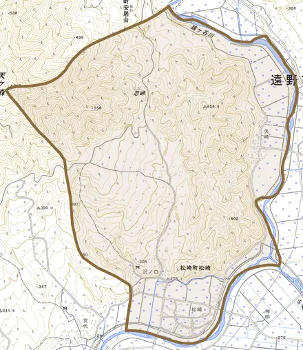 松崎町松崎とその周辺の地図。町の範囲を重ねている