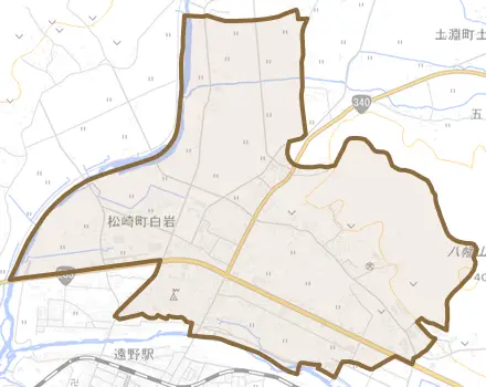 松崎町白岩とその周辺の地図。町の範囲を重ねている