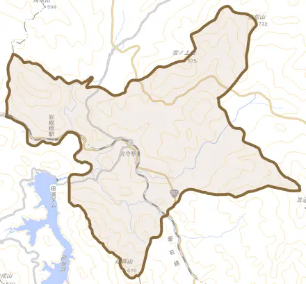 宮守町下宮守とその周辺の地図。町の範囲を重ねている