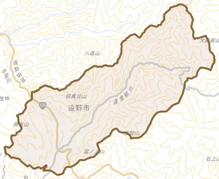 宮守町達曽部とその周辺の地図。町の範囲を重ねている