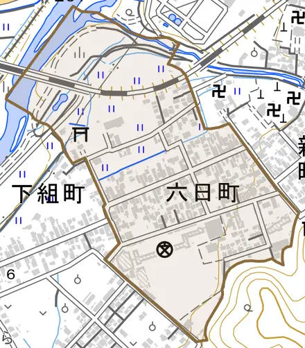 六日町とその周辺の地図。町の範囲を重ねている