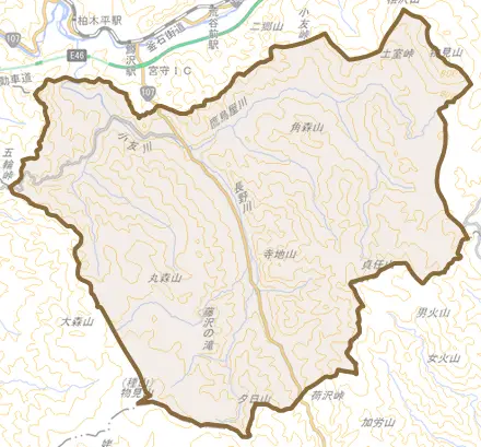 小友町とその周辺の地図。町の範囲を重ねている