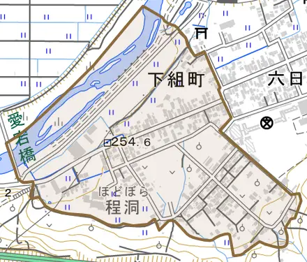 下組町とその周辺の地図。町の範囲を重ねている