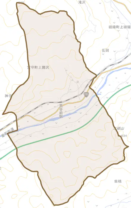 宮守町上鱒沢とその周辺の地図。町の範囲を重ねている