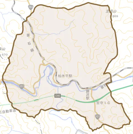 宮守町下鱒沢とその周辺の地図。町の範囲を重ねている