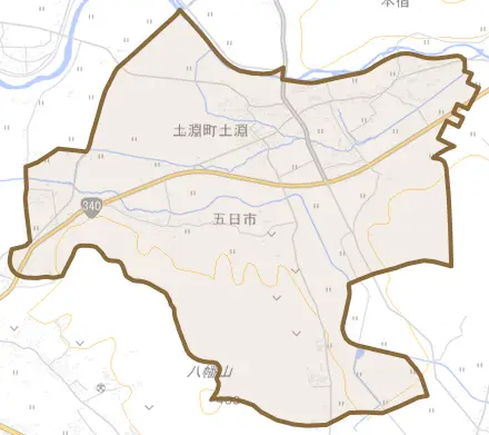 土淵町土淵とその周辺の地図。町の範囲を重ねている