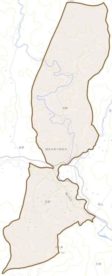 附馬牛町下附馬牛とその周辺の地図。町の範囲を重ねている