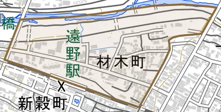 材木町とその周辺の地図。町の範囲を重ねている
