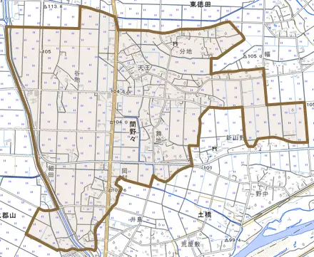 大字間野々とその周辺の地図。町の範囲を重ねている