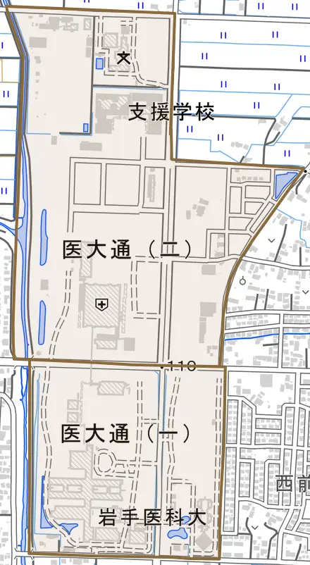 医大通とその周辺の地図。町の範囲を重ねている