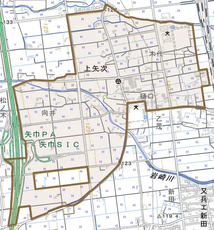 大字上矢次とその周辺の地図。町の範囲を重ねている