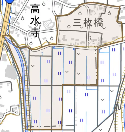 大字高水寺とその周辺の地図。町の範囲を重ねている