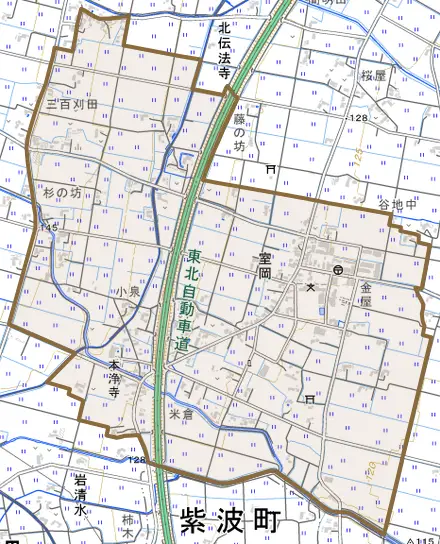 大字室岡とその周辺の地図。町の範囲を重ねている